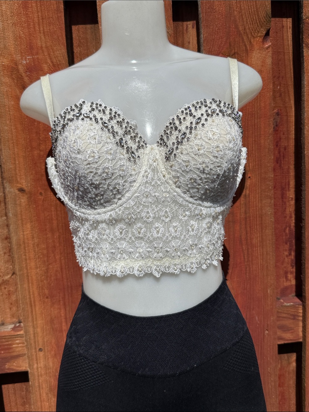 bebe White Floral Lace Crystal Embellished Corset Bustier Push Up Crop Top L